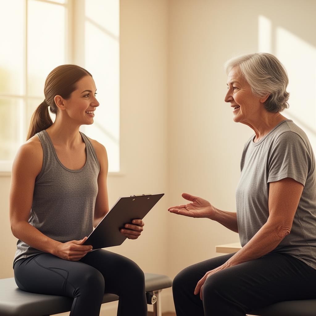 Personal trainer in consultation with an adult 45+ client