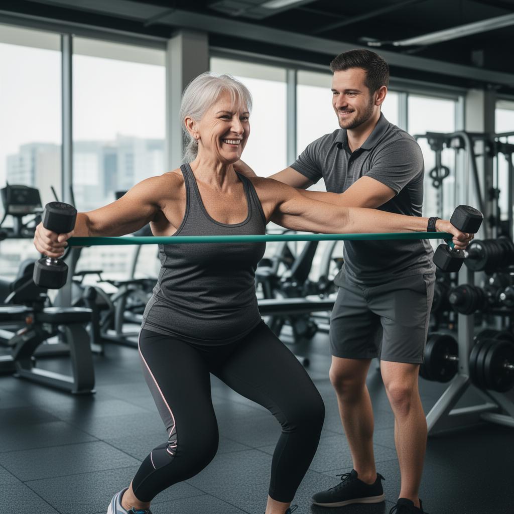 Adult 45+ exercising actively with a personal trainer